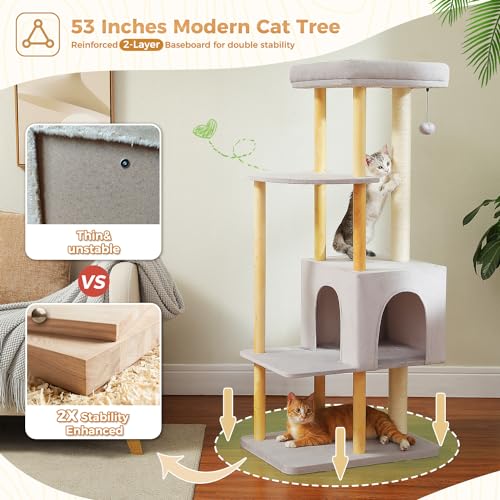 Large Beige Wooden Cat Tree with Scratching Posts J544974