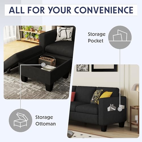 Beige 3-Seat L-Shaped Sectional Sofa with Storage Ottoman B1044
