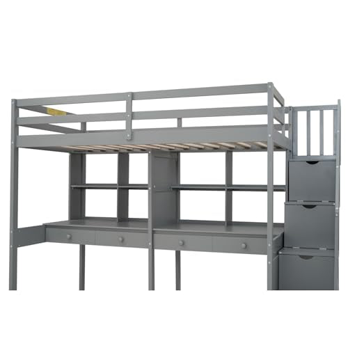 White Twin Size Wood Loft Bed with Storage Stairs and Double Desks D17316