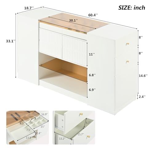 White Glass Top 6 Drawer Wooden Wardrobe Armoire M245