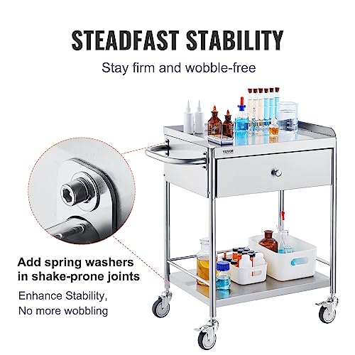 Stainless Steel Utility Cart with Wheels, 2 Shelves, 1 Drawer N2046