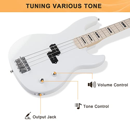 Full Size Electric Bass Guitar 4 String Canadian Maple Fingerboard with Cable, Strap, Bag and Accessories (White) Y2718
