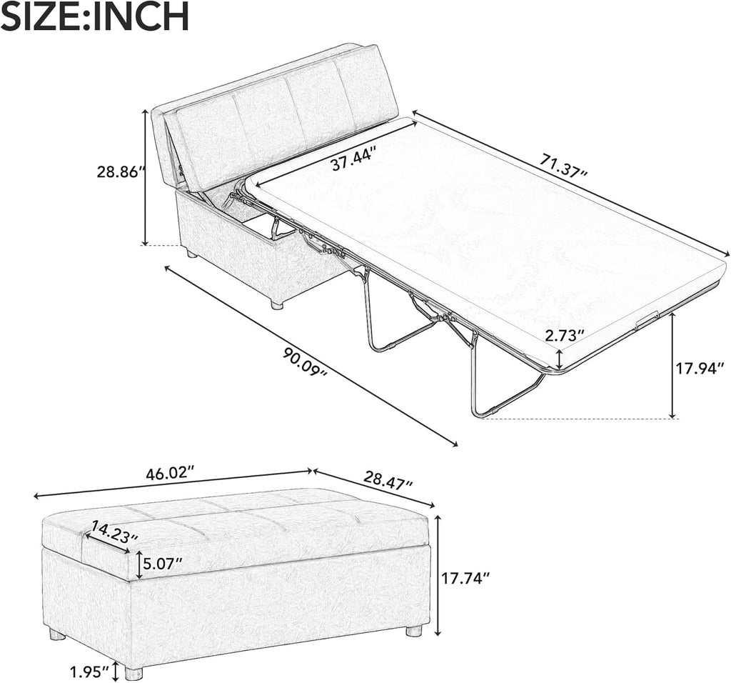 Twin Size Folding Ottoman Sleeper Bed with Mattress Convertible Guest Bed Light Gray Couch Sofa X483019