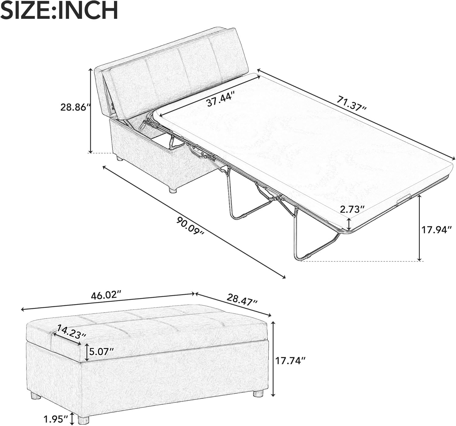 Twin Size Folding Ottoman Sleeper Bed with Mattress Convertible Guest Bed Light Gray Couch Sofa X483019