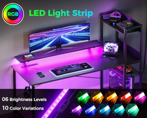 40 Inch Carbon Fiber Black Gaming Desk with USB Charging Port and LED Lights M305