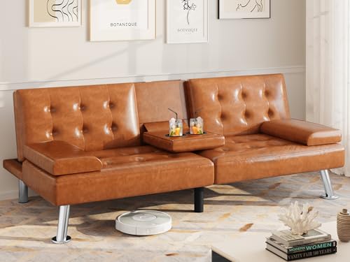Black Faux Leather Futon Sofa Bed with Removable Armrests T6872