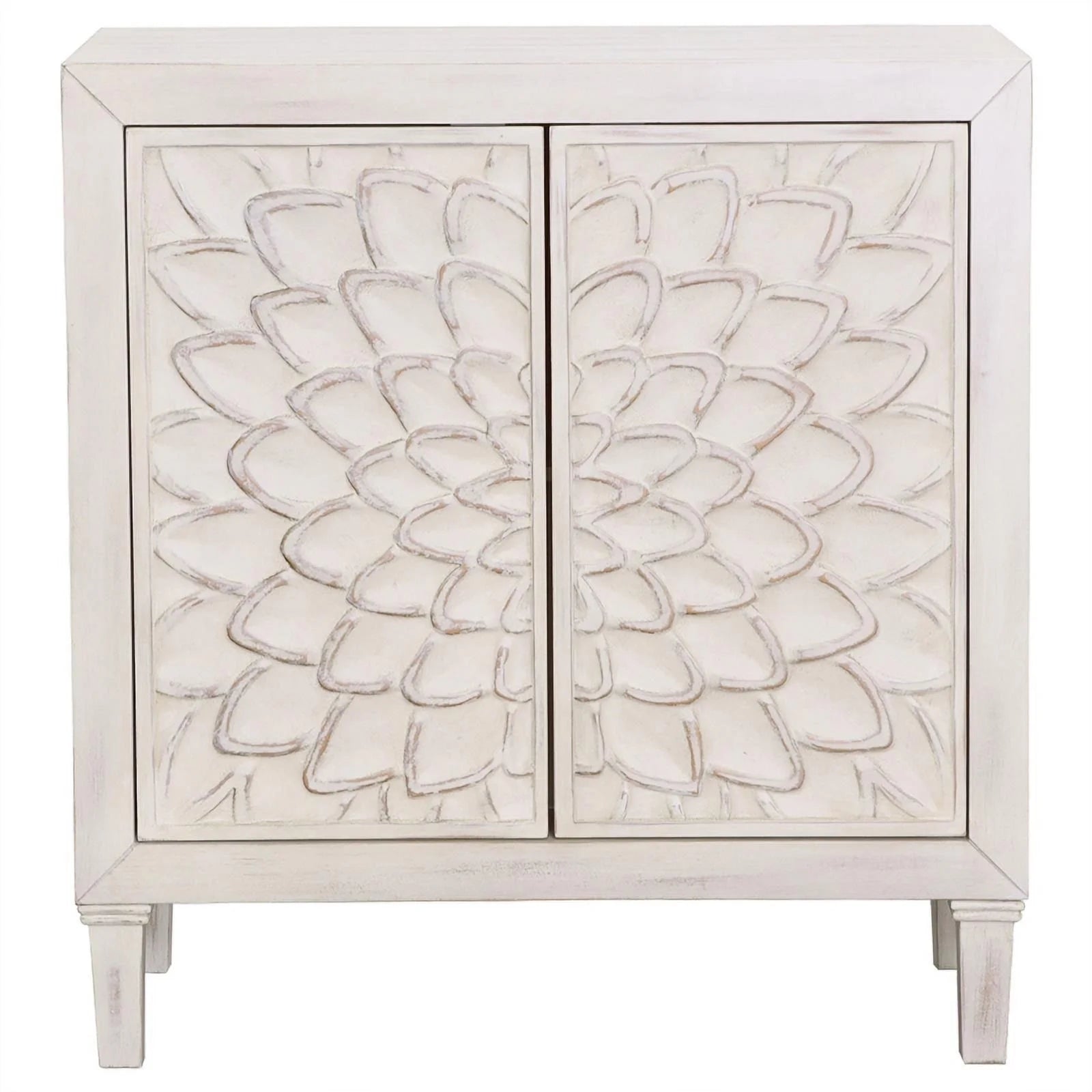 White Wood Accent Cabinet with Floral Carved Door V862