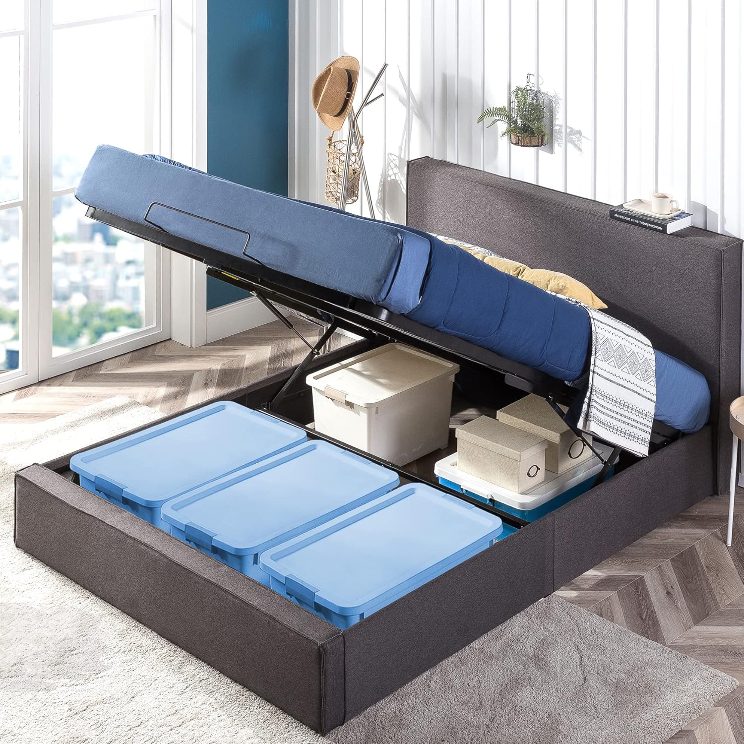 Queen Upholstered Platform Bed Frame with Hydraulic Lifting Storage H23575