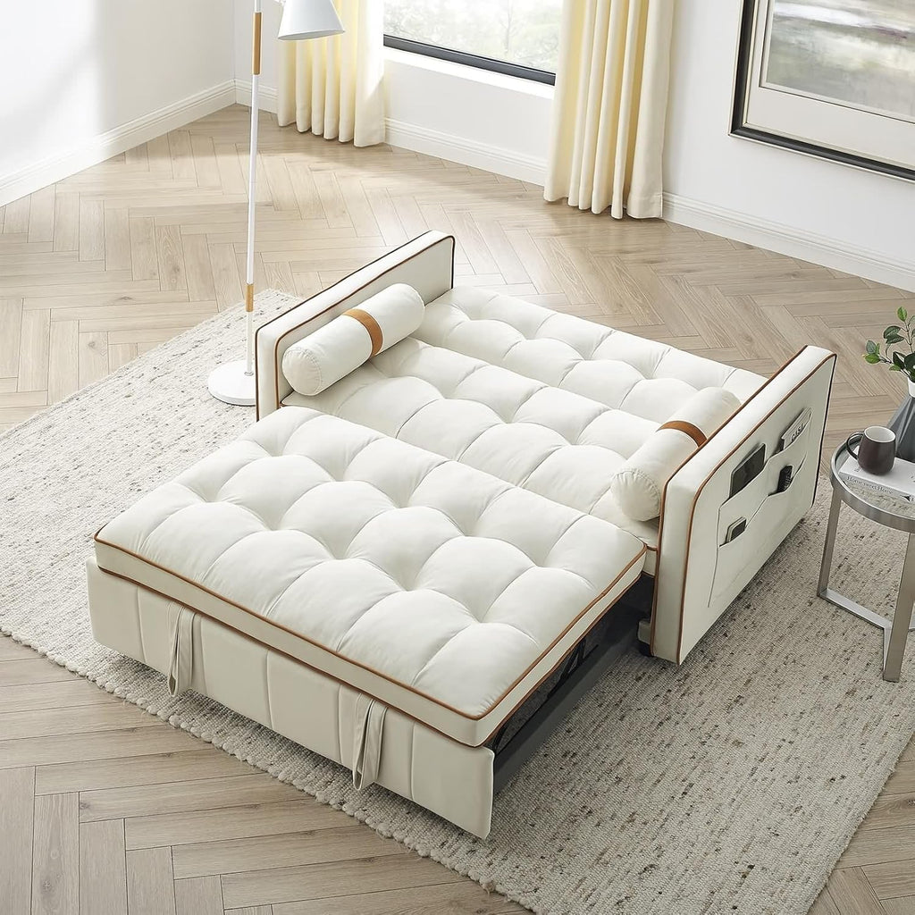 Beige 2 Seater Sleep Sofa Bed with Side Pockets E5151