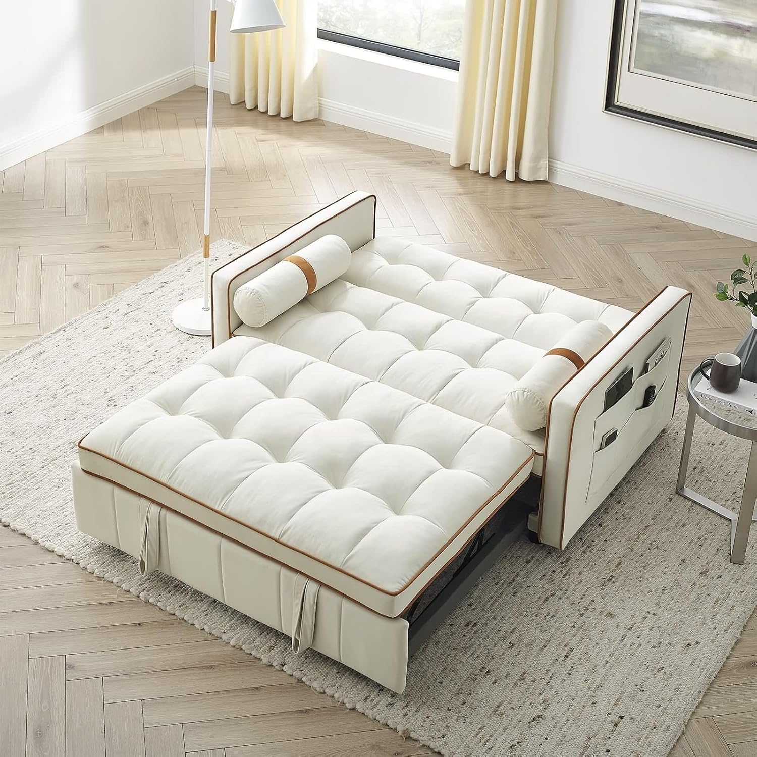 Beige 2 Seater Sleep Sofa Bed with Side Pockets E5151