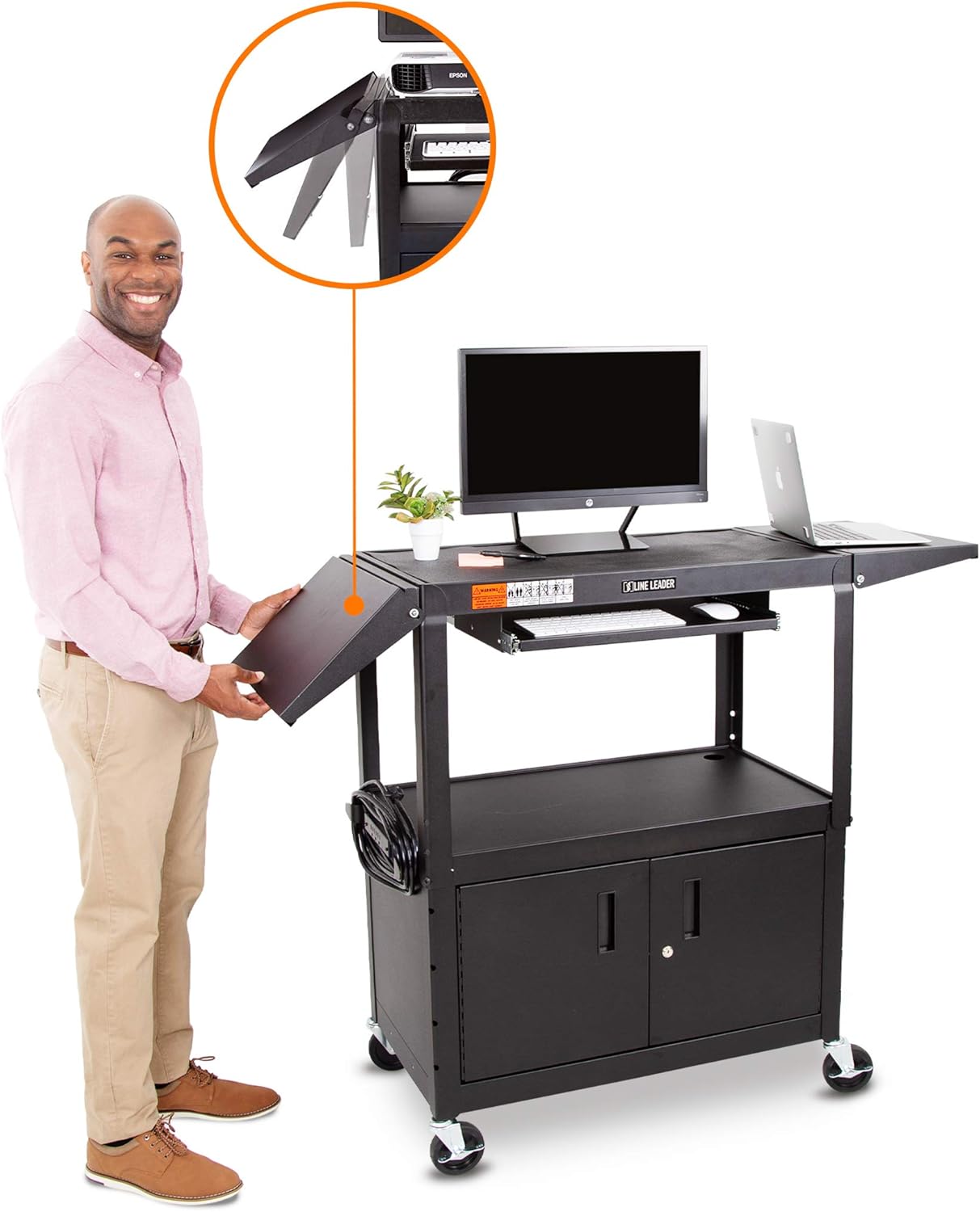 Large AV Cart with Locking Cabinet & Drop Leaves, Height Adjustable Utility Cart, Includes Pullout Keyboard Tray & Cord Management (54in x 18in x 42in / Black) Y6875