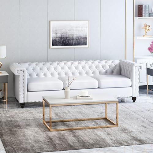 White PU Leather 3-Seater Button Tufted Sofa Couch P6610