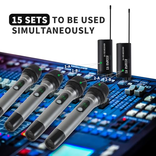 Rechargeable Wireless Microphone PA System - Dual UHF Metal Handheld Mics, Long Range 200ft Cordless Dynamic Mic Kit X834994