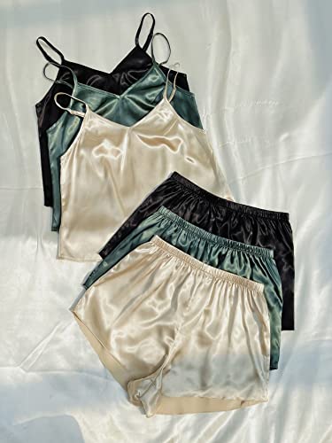 3 Sets Silk Satin Pajama Set Sleeveless V Neck Crop Cami Top and Shorts J31621