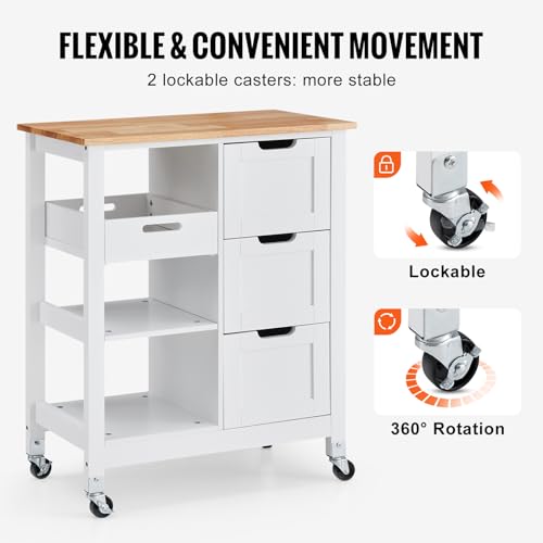 White 26 inch Wood Top Mobile Kitchen Island Cart with 3 Drawers and Shelves Y1844