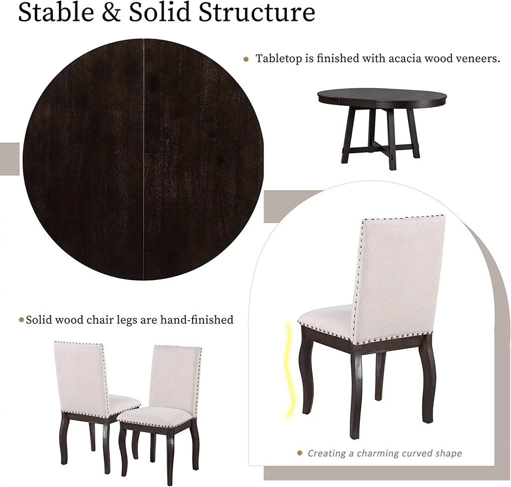 5-Piece Round Dining Table and Upholstered Chair Set with Shelf L2644