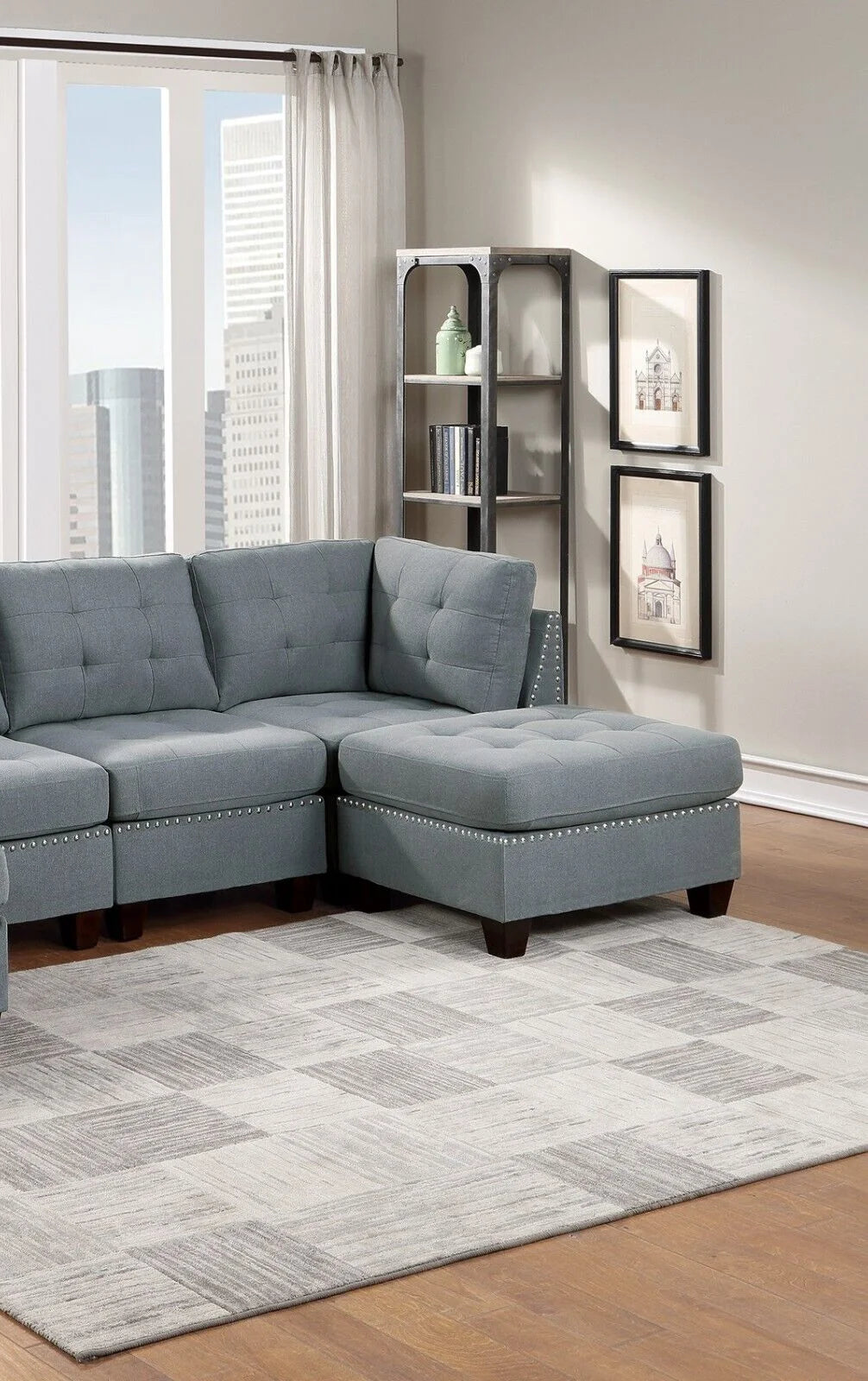 Gray Fabric 6pc U-Sectional Couch with 2 Corner Wedge, 2 Armless Chairs, 2 Ottomans P6675