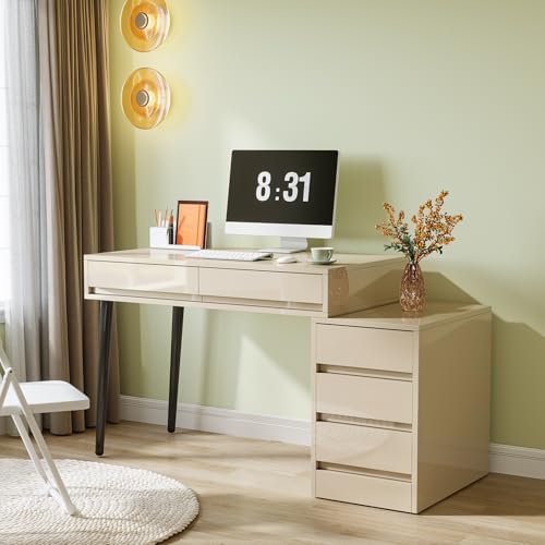 Beige Glossy Desk with 5 Drawers X634