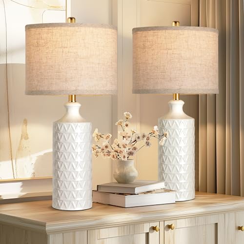 Farmhouse Ceramic Table Lamp Set of 2, 25" White Accent Lamp with 3-Color Temperature LED Bulbs M4032