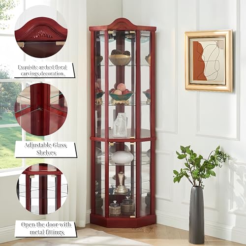 Corner China Cabinet with Glass Doors and Tempered Adjustable Glass Shelves T8907
