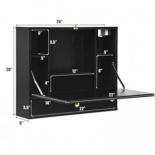 Black Wall Mounted Floating Desk with Drawer & Shelves P60923