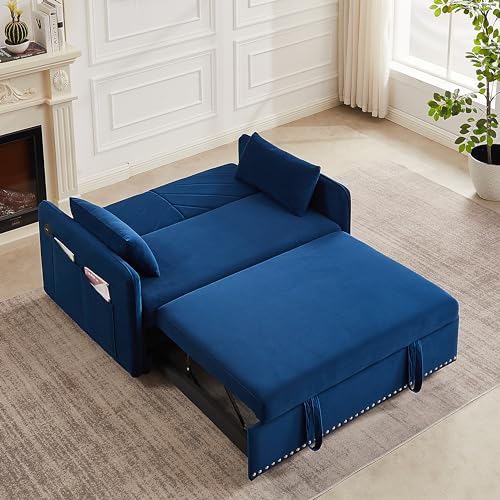 Blue Velvet 55 Inch Sleeper Sofa with Pull-Out Bed X27447