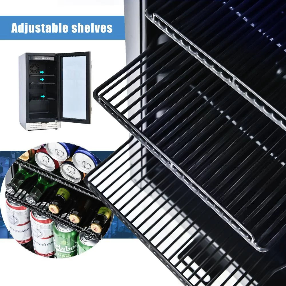 15 Inch Beverage Refrigerator Under Counter Built-in Wine Cooler Mini Fridge Clear Glass Door N288903