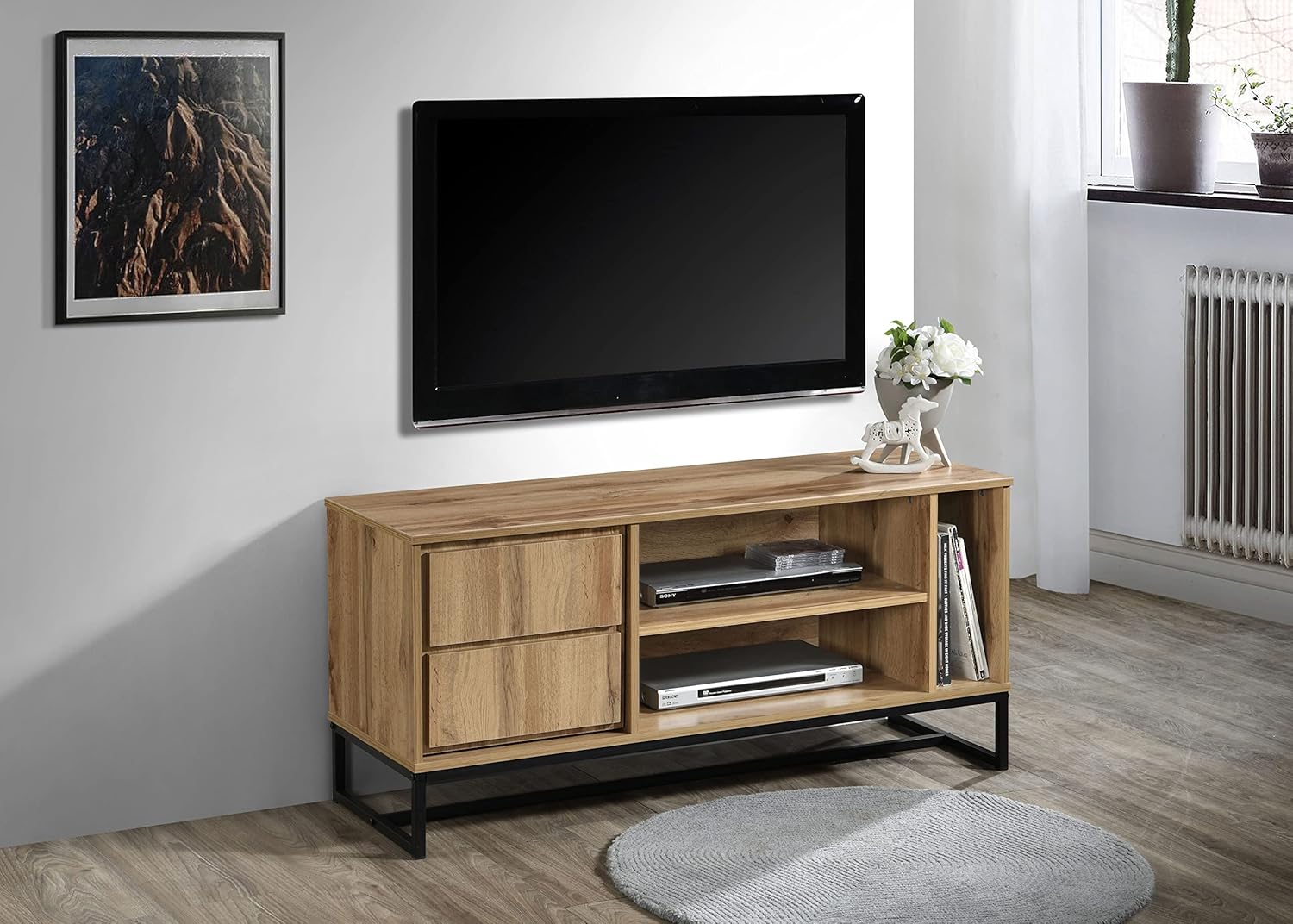 Oak TV Stand with Shelves and Cabinet F256