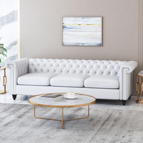 White PU Leather 3-Seater Button Tufted Sofa Couch P6610