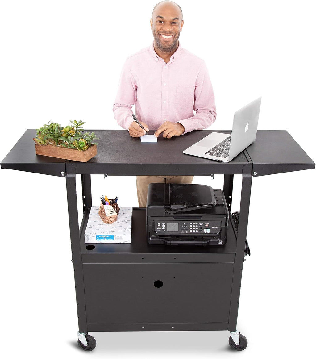 Large AV Cart with Locking Cabinet & Drop Leaves, Height Adjustable Utility Cart, Includes Pullout Keyboard Tray & Cord Management (54in x 18in x 42in / Black) Y6875