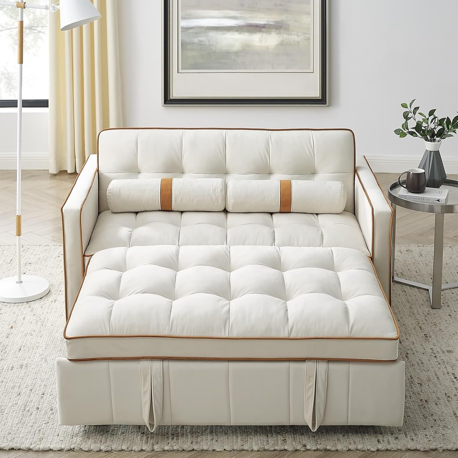 Beige 2 Seater Sleep Sofa Bed with Side Pockets E5151