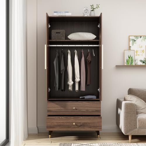 Brown Wooden Wardrobe Armoire with 2 Doors, 2 Drawers, Hanging Rod V70593