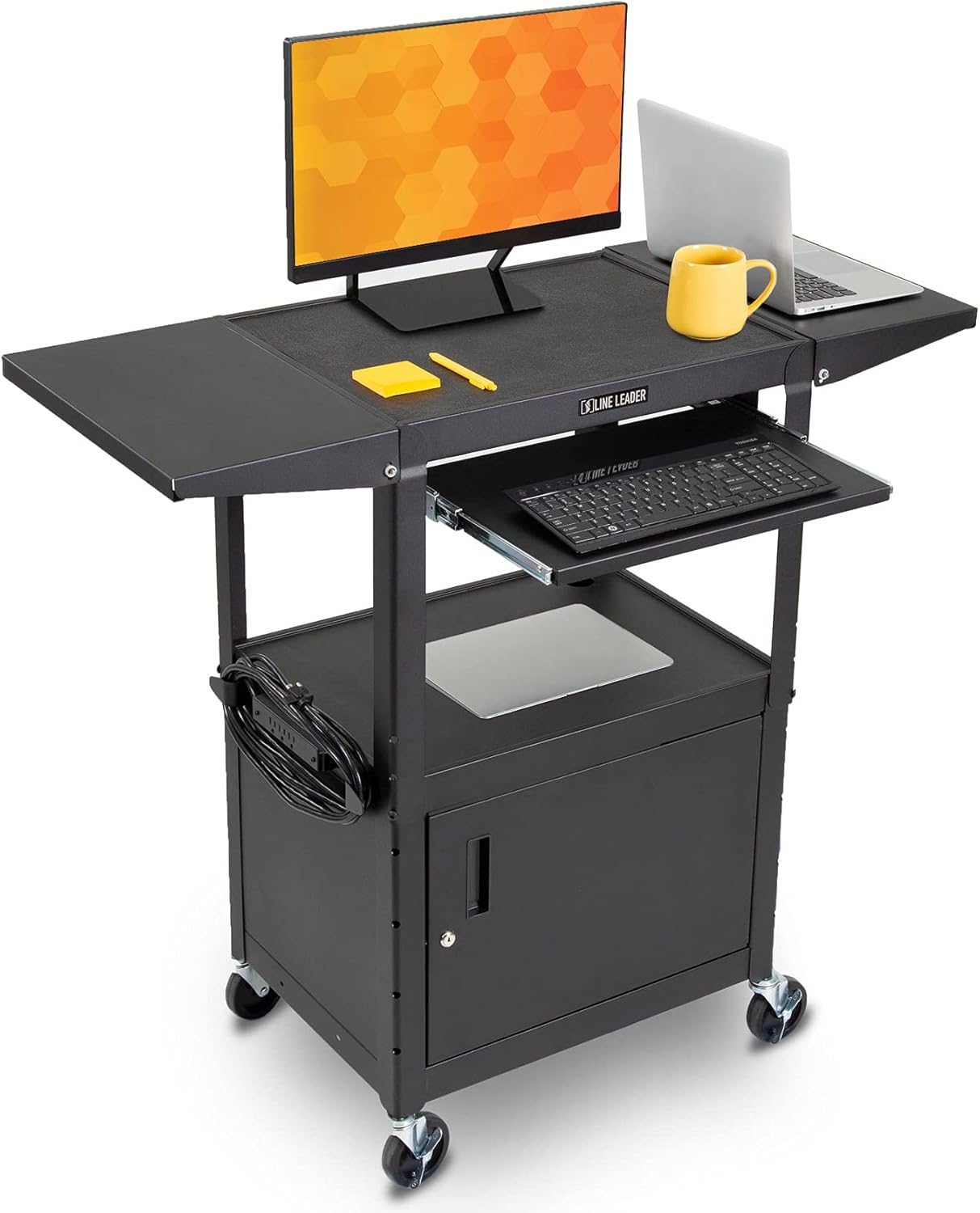 Large AV Cart with Locking Cabinet & Drop Leaves, Height Adjustable Utility Cart, Includes Pullout Keyboard Tray & Cord Management (54in x 18in x 42in / Black) Y6875