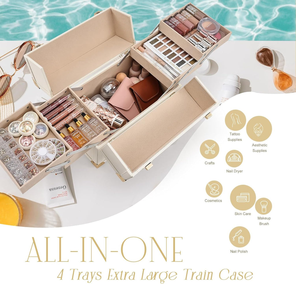 Large Portable Cosmetic Makeup Storage Box Organizer with 4 Tray Compartments Champagne Beige Vegan Leather F5669