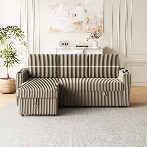 85'' L-Shaped Corduroy Sleeper Sofa with Storage Chaise J59871