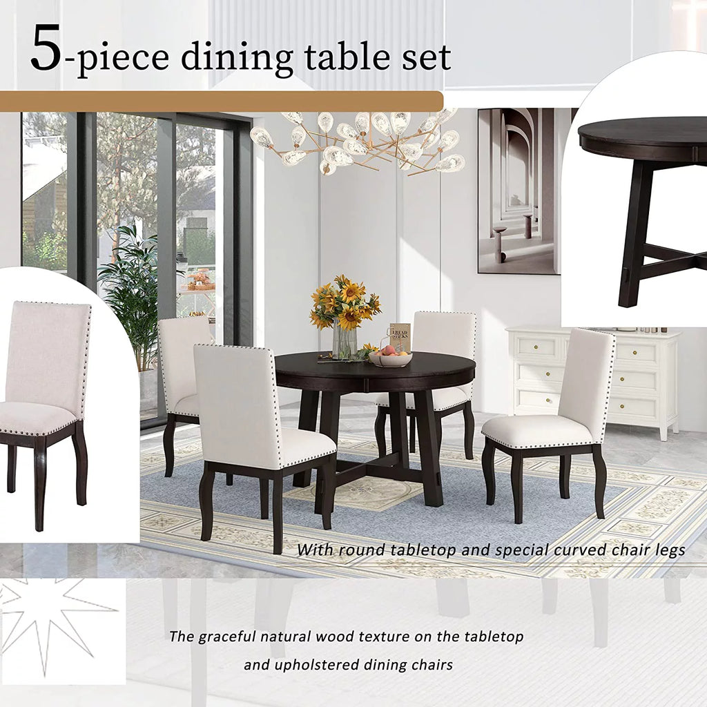 5-Piece Round Dining Table and Upholstered Chair Set with Shelf L2644