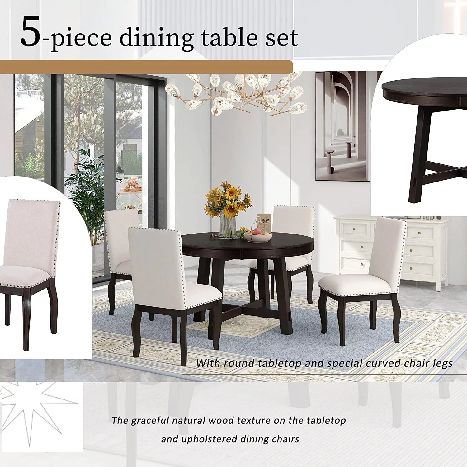 5-Piece Round Dining Table and Upholstered Chair Set with Shelf L2644