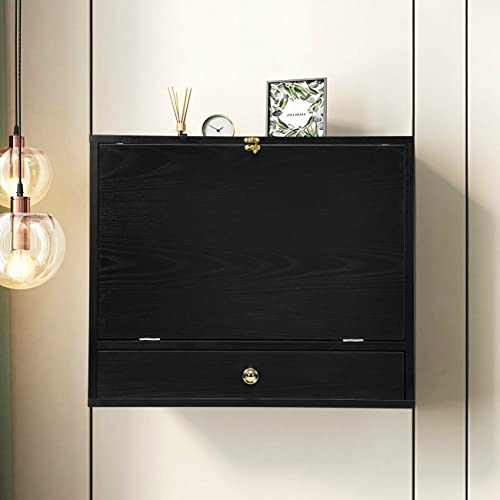 Black Wall Mounted Floating Desk with Drawer & Shelves P60923