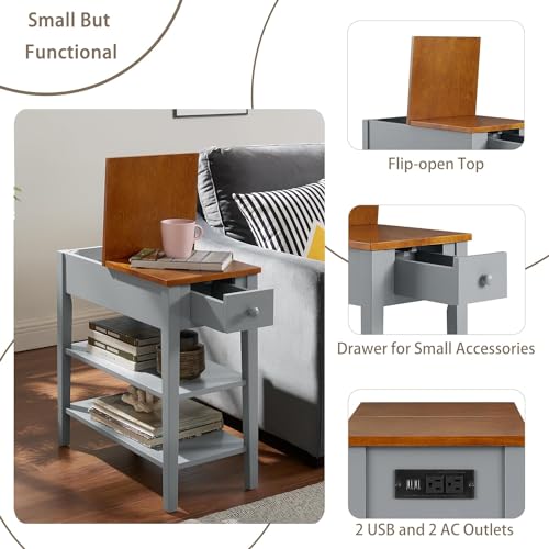 Gray Side Table with Charging Post and Storage Cabinet Q249