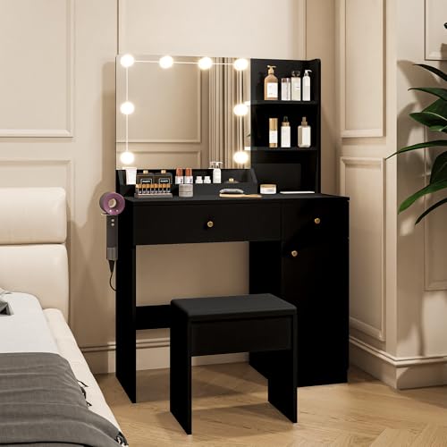 White Vanity Desk with Mirror and Lights Dimmable LED Makeup Table with Drawers Side Cabinet 3 Storage Shelves Power Outlet Dressing Table Set Include Holder Cushioned Stool V26944