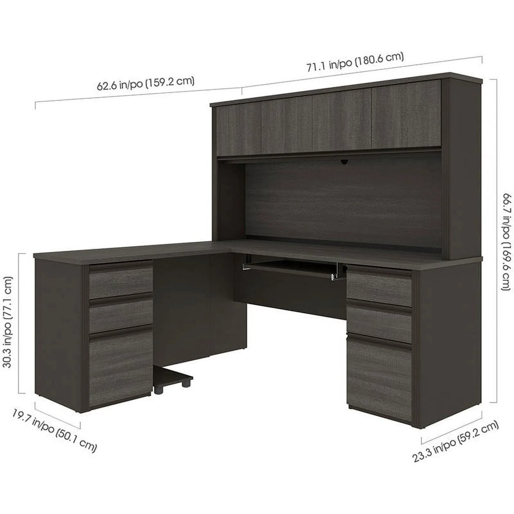 6 Piece Wood L Shaped Computer Desk with Hutch in Bark Gray M5284