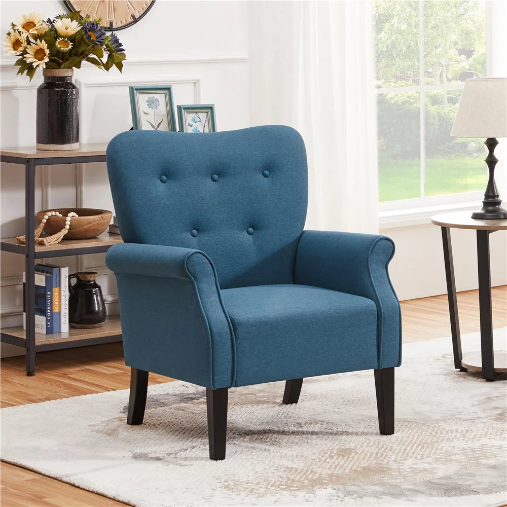 Navy Blue Upholstered Accent Chair with Wooden Leg E2860