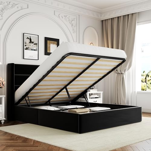 Full Size Lift Up Storage Bed with Wingback Headboard, Light Beige W9658