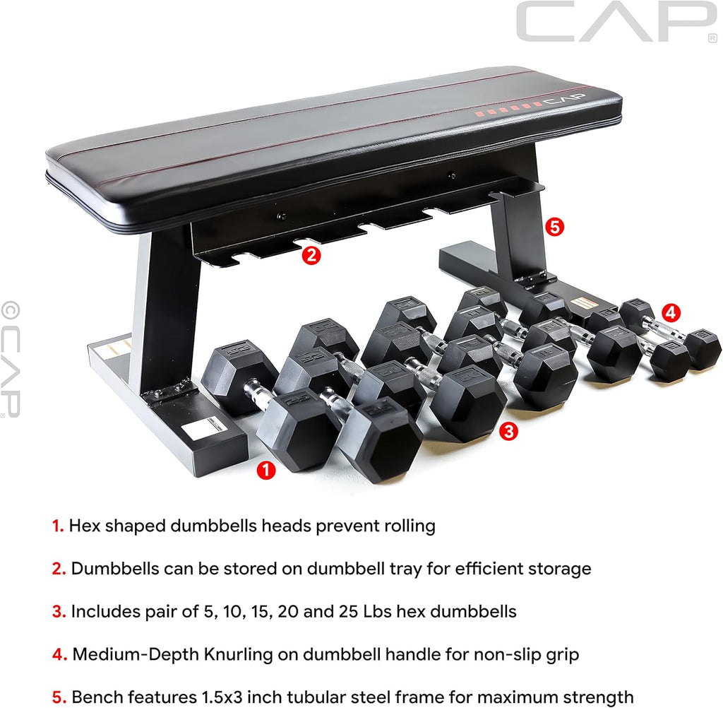 150 lb Hex Coated Dumbbell Set with Flat Bench U2898