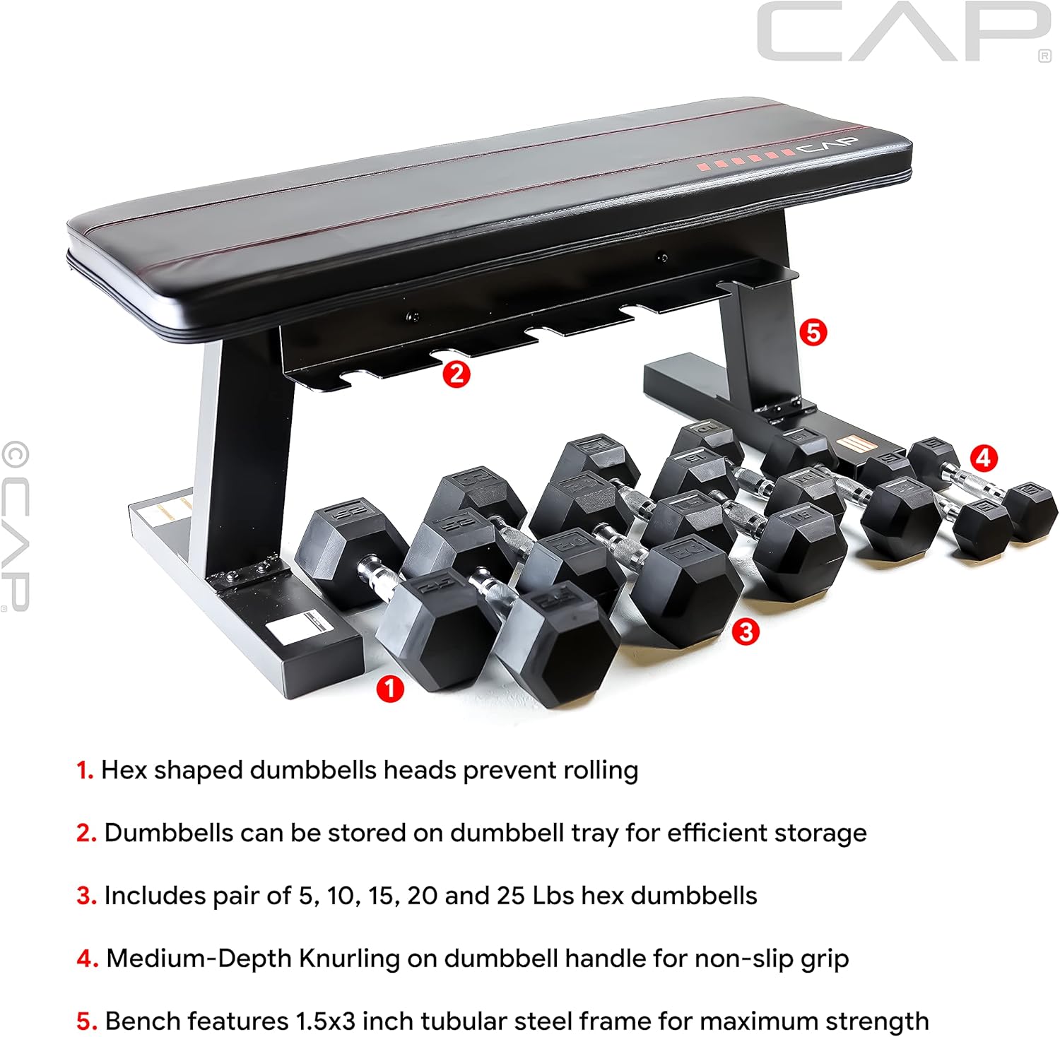 150 lb Hex Coated Dumbbell Set with Flat Bench U2898