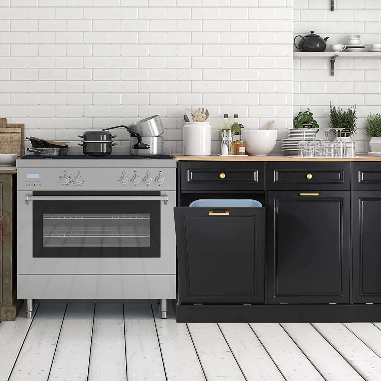 Black Double Tilt Out Trash Cabinets with Drawers Wooden Recycling Cabinet H4627