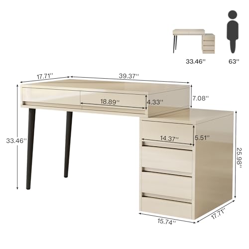 Beige Glossy Desk with 5 Drawers X634