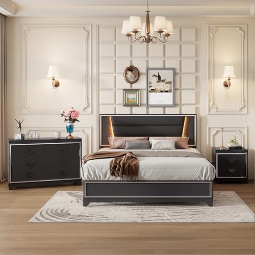 3-Pieces Queen Size Upholstered Bedroom Sets with LED Lights Y64225