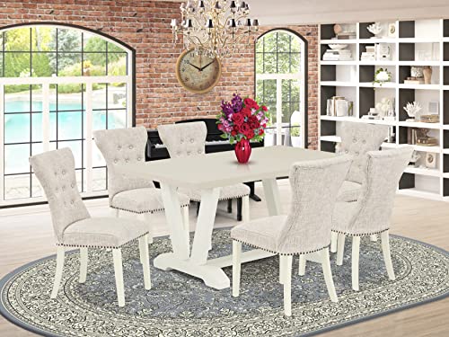 7 Piece Rectangle Dining Table with 6 Doeskin Linen Fabric Upholstered Chairs V1646