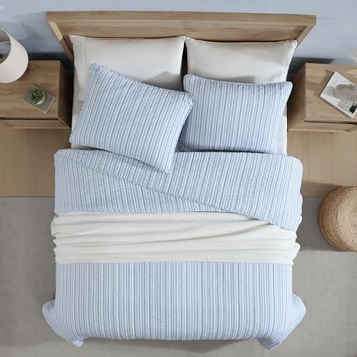 Queen Quilt Set, Reversible Cotton Bedding with Matching Shams, Light Blue Q29649